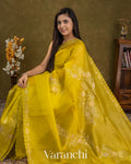 Lime Yellow Floral Tissue Applique Pure Kora Silk Saree — Draped