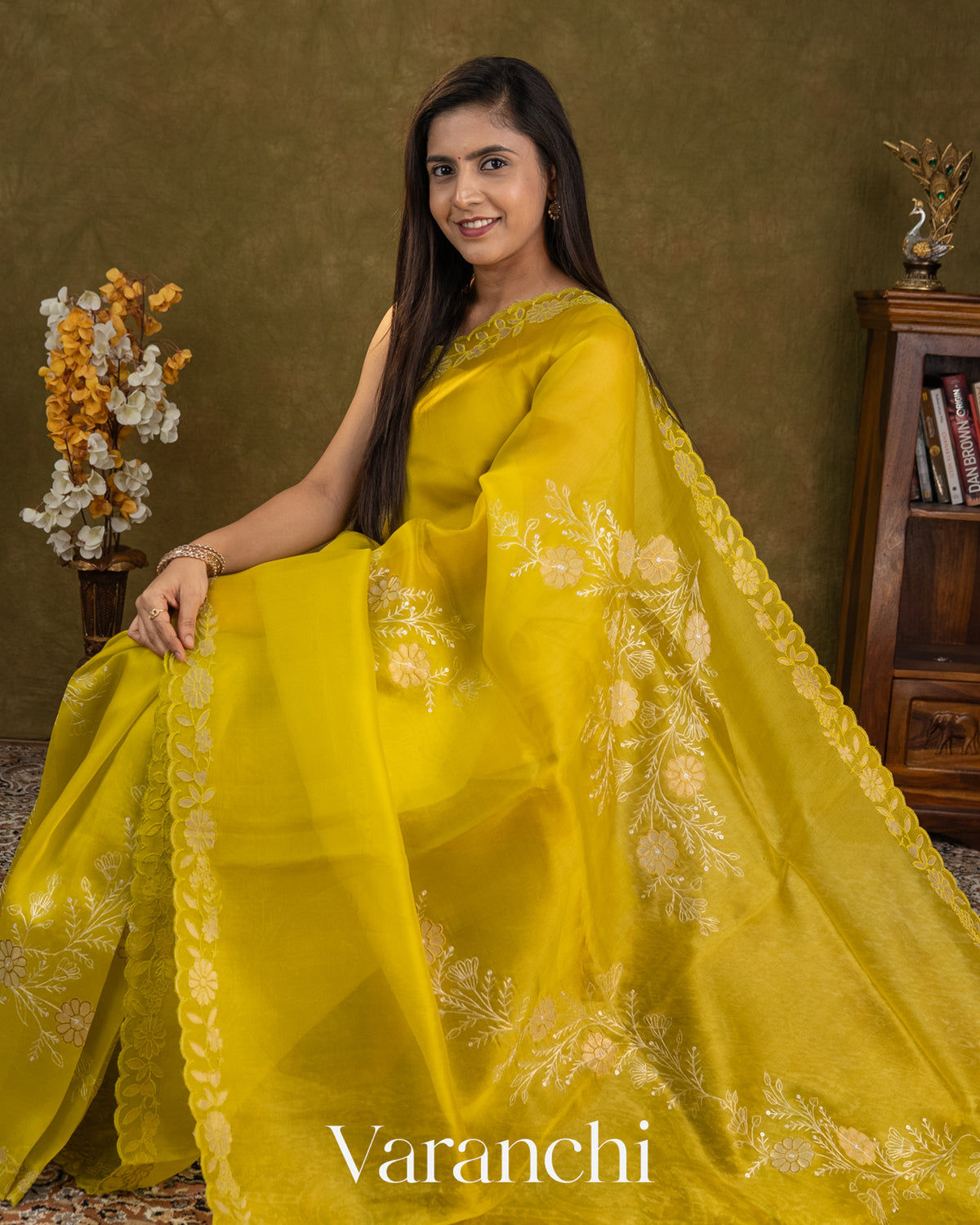 Lime Yellow Floral Tissue Applique Pure Kora Silk Saree — Draped