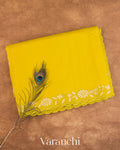 Lime Yellow Floral Scallop Embroidered Pure Kora Silk Saree