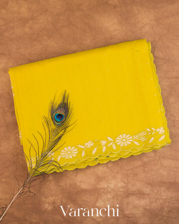 Lime Yellow Floral Scallop Embroidered Pure Kora Silk Saree