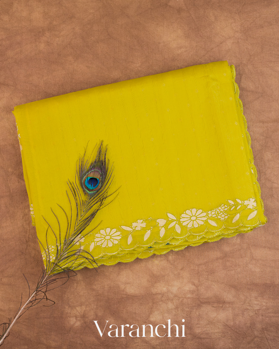 Lime Yellow Floral Tissue Applique Pure Kora Silk Saree — Folded