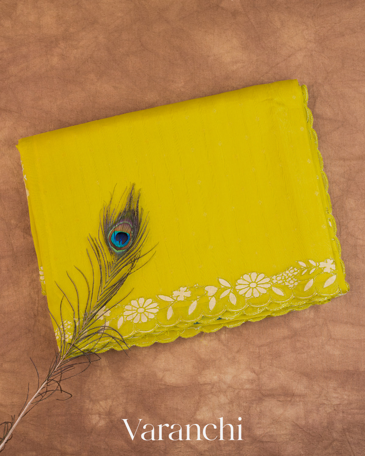 Lime Yellow Floral Tissue Applique Pure Kora Silk Saree — Folded