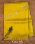 Lime Yellow Floral Scallop Embroidered Pure Kora Silk Saree