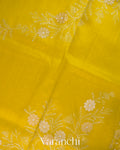 Lime Yellow Floral Scallop Embroidered Pure Kora Silk Saree