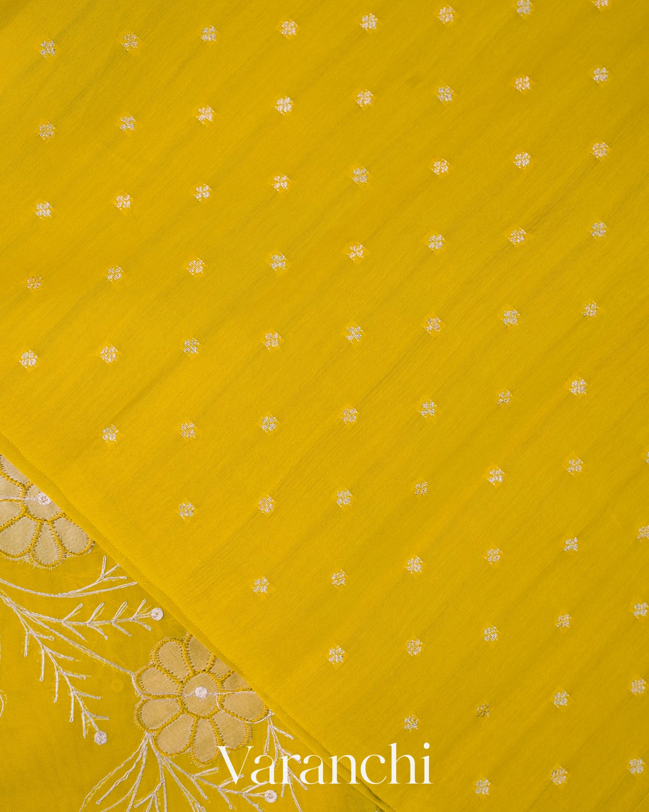 Lime Yellow Floral Scallop Embroidered Pure Kora Silk Saree