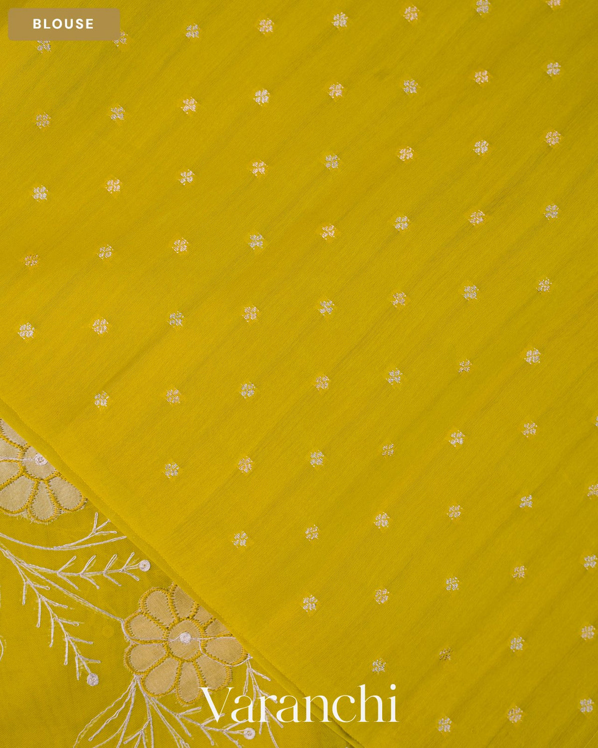 Lime Yellow Floral Tissue Applique Pure Kora Silk Saree — Blouse
