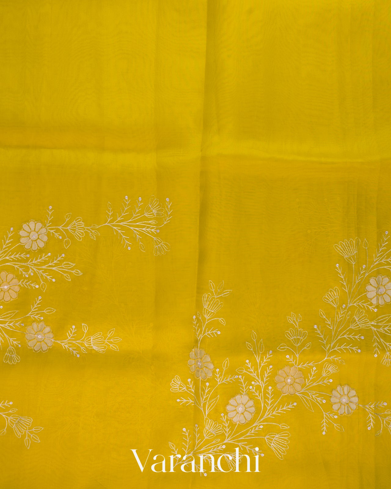 Lime Yellow Floral Scallop Embroidered Pure Kora Silk Saree