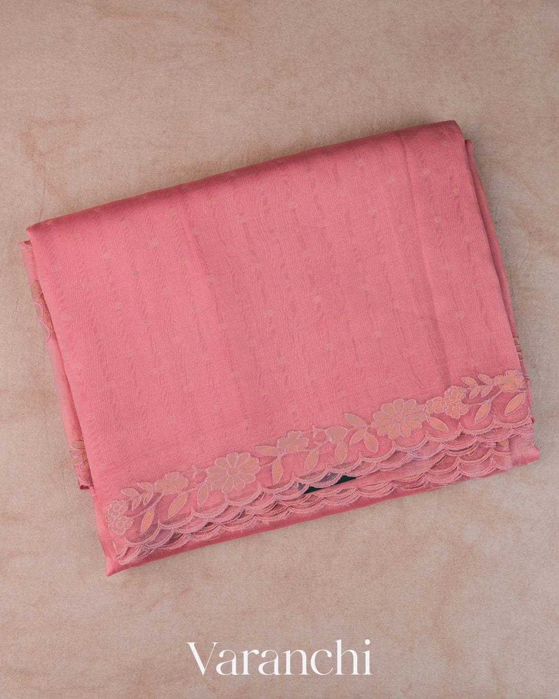 Rose Pink Floral Tissue Applique Pure Kora Silk Saree — Folded