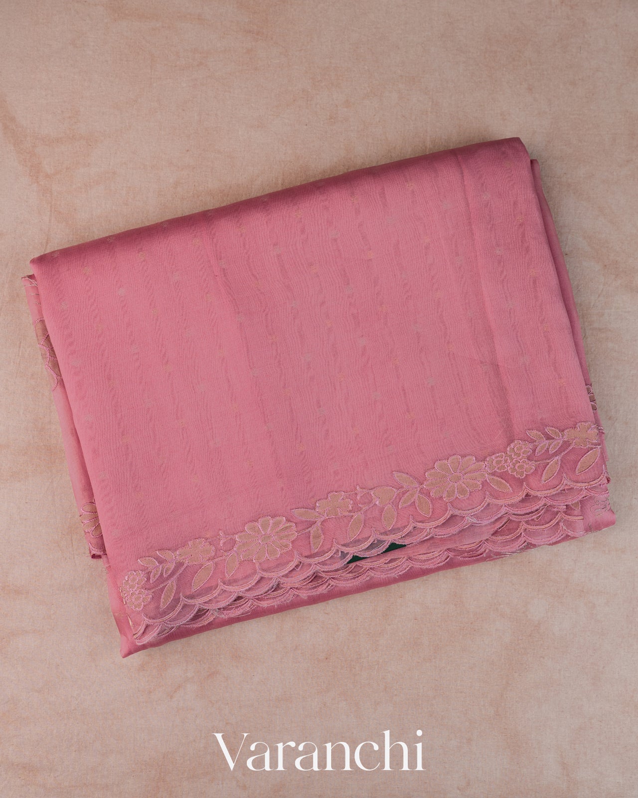 Rose Pink Floral Embroidered Pure Kora Silk Saree