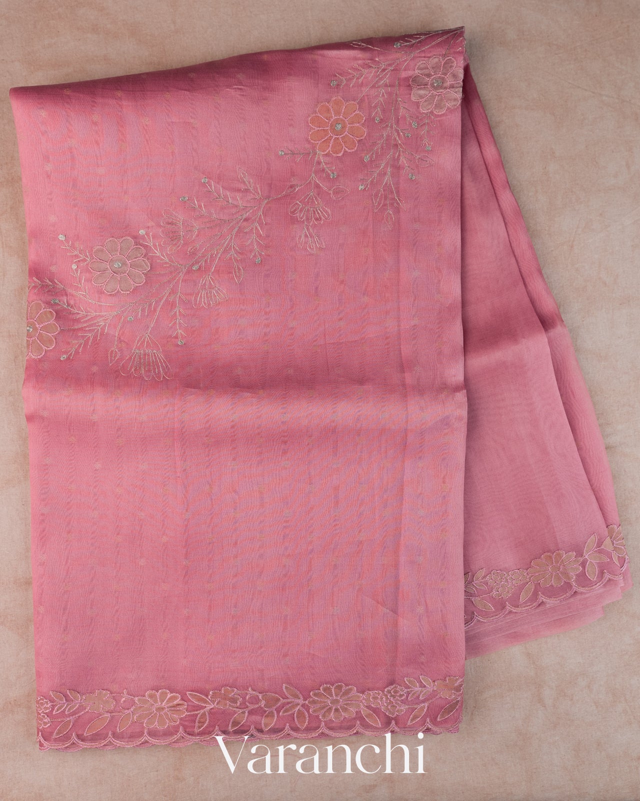 Rose Pink Floral Embroidered Pure Kora Silk Saree