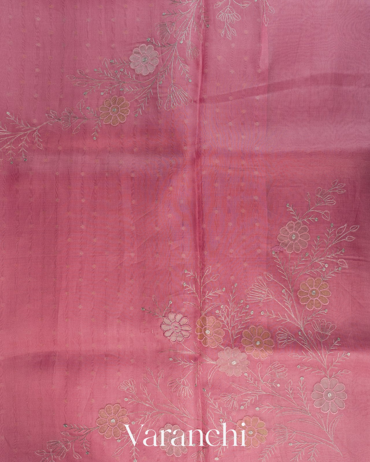Rose Pink Floral Embroidered Pure Kora Silk Saree