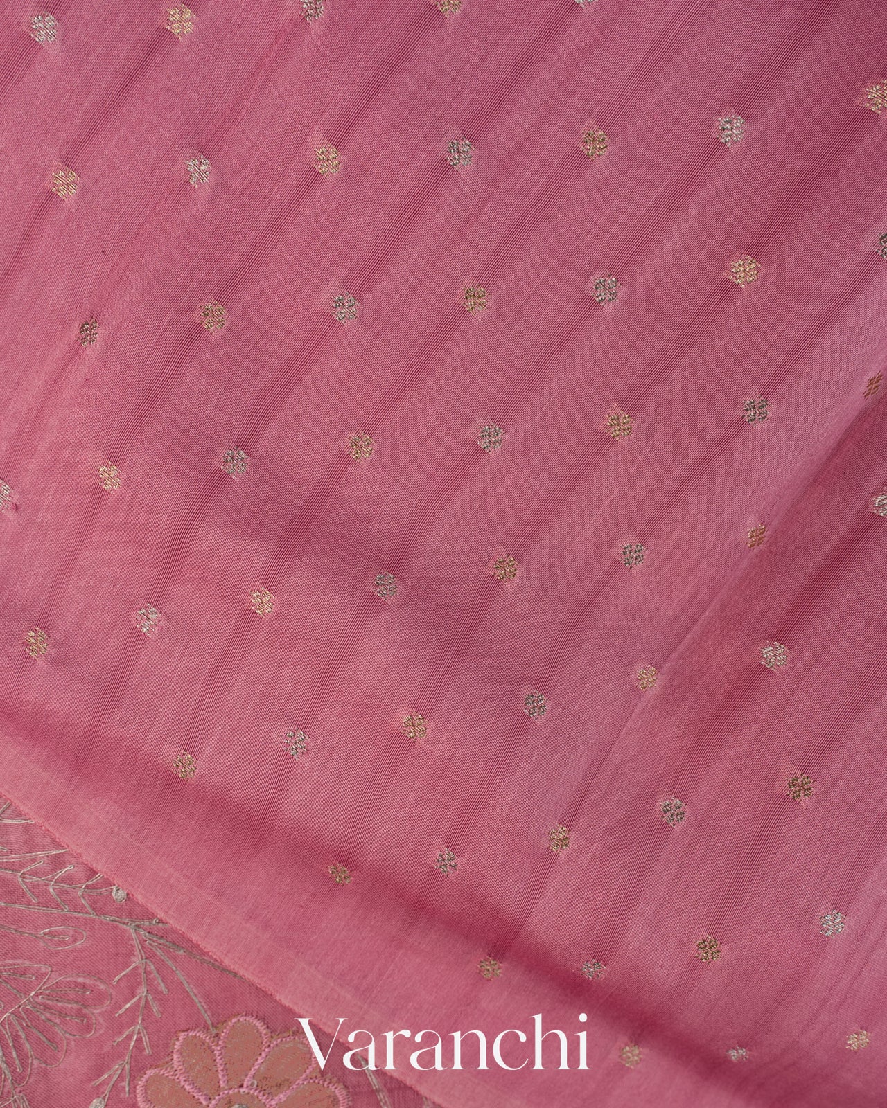 Rose Pink Floral Embroidered Pure Kora Silk Saree