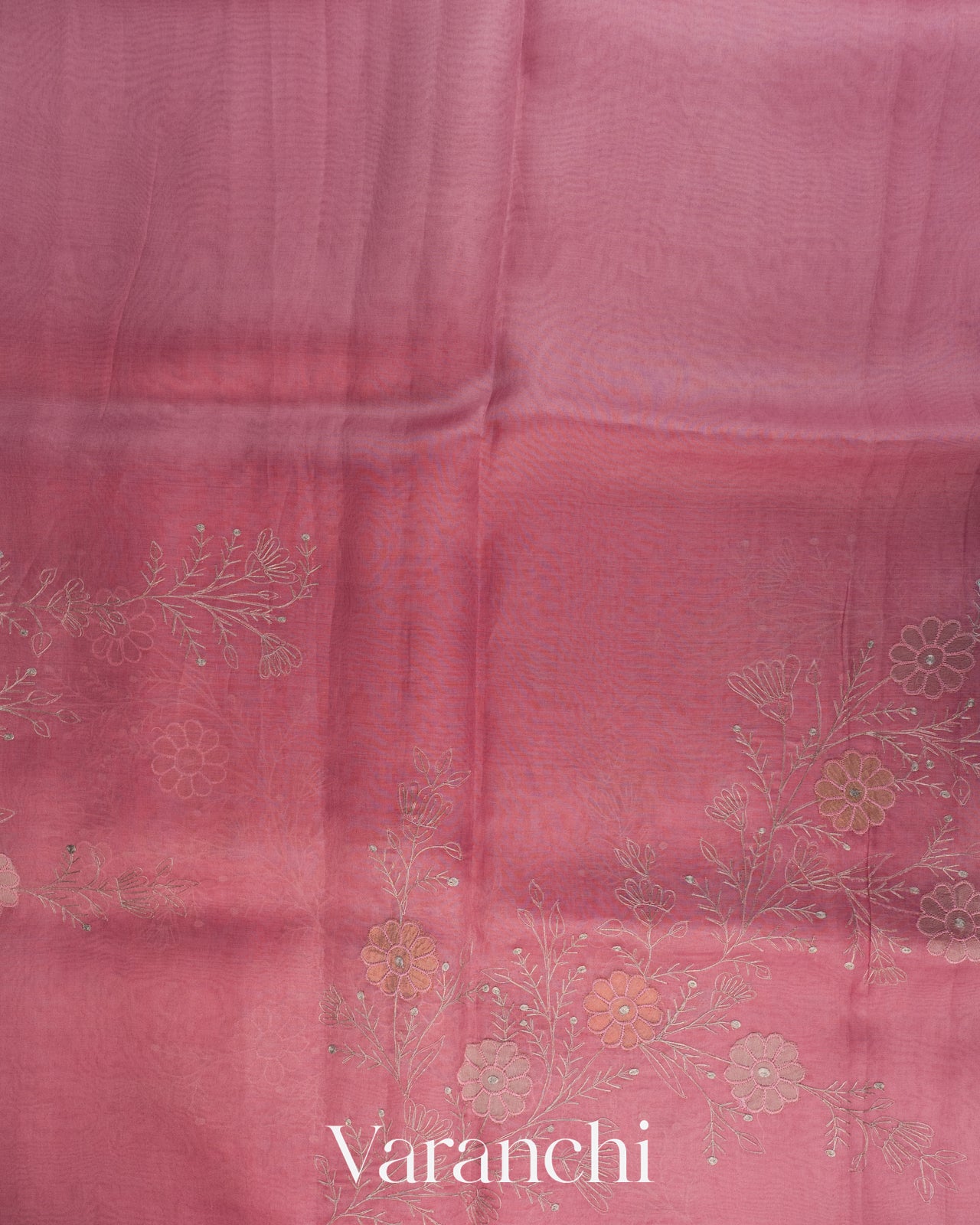 Rose Pink Floral Embroidered Pure Kora Silk Saree