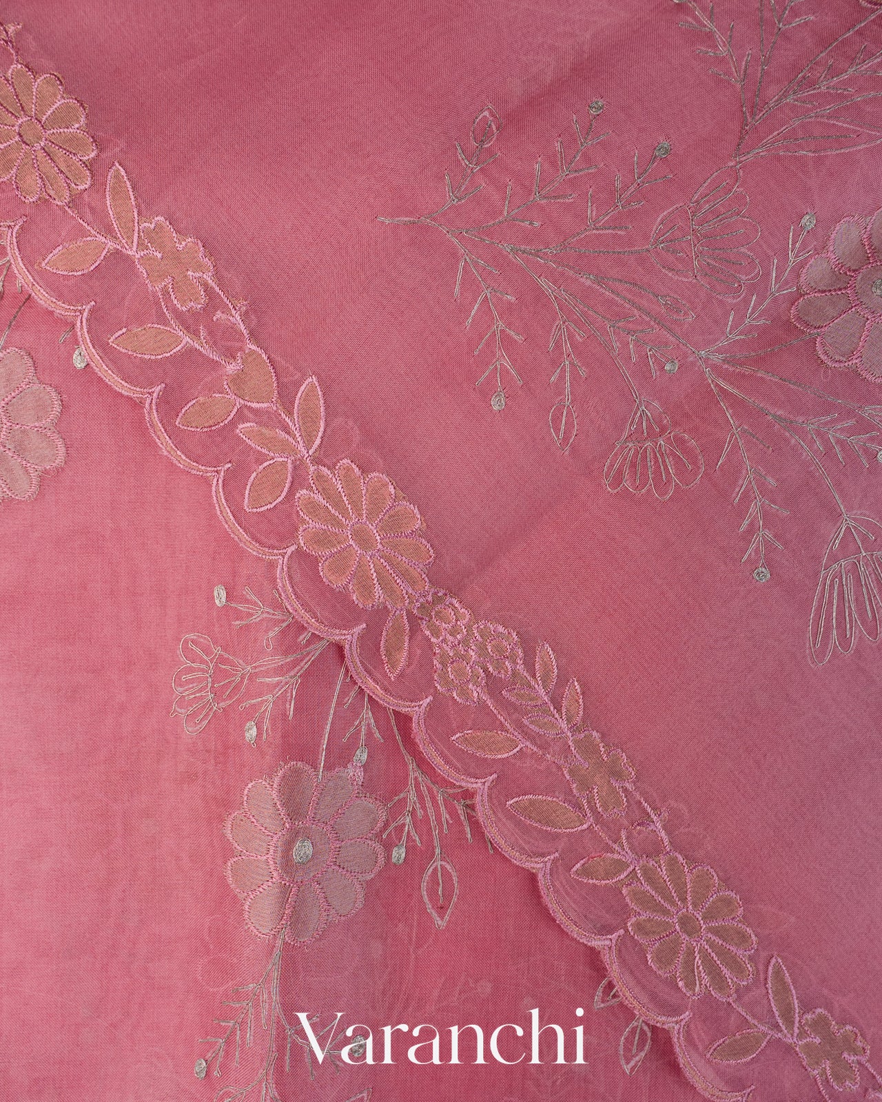 Rose Pink Floral Embroidered Pure Kora Silk Saree