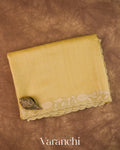 Mustard Yellow Floral Scallop Embroidered Pure Kora Silk Saree