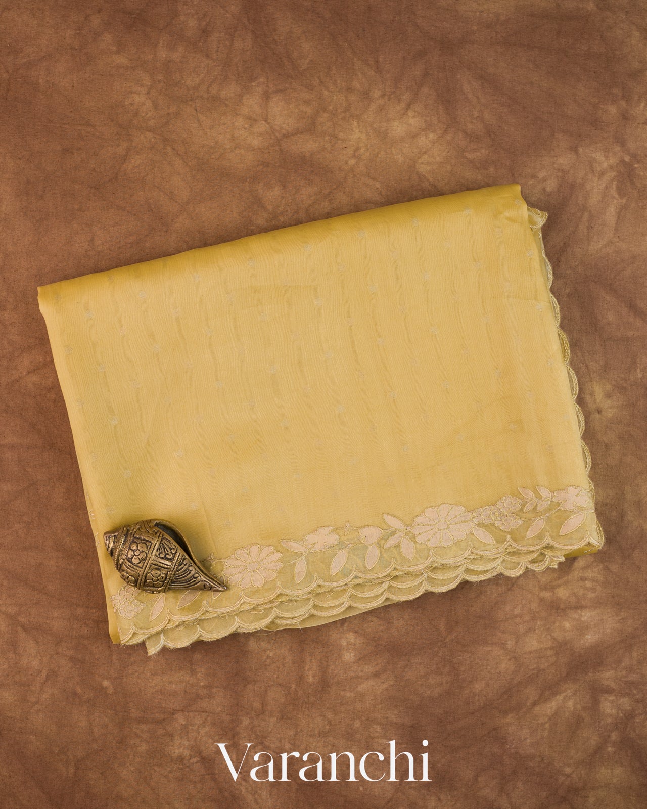 Mustard Yellow Floral Scallop Embroidered Pure Kora Silk Saree