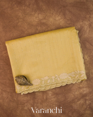 Mustard Yellow Floral Scallop Embroidered Pure Kora Silk Saree