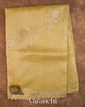 Mustard Yellow Floral Scallop Embroidered Pure Kora Silk Saree