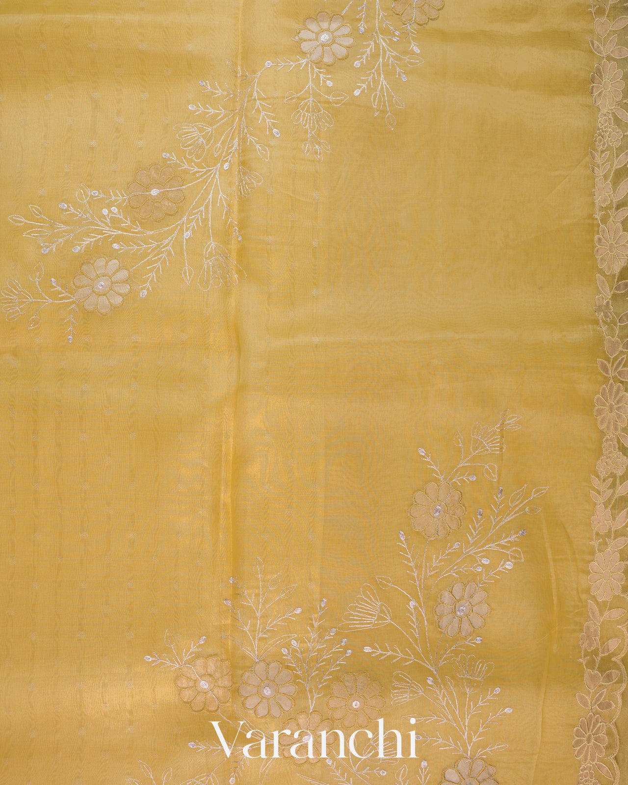 Mustard Yellow Floral Scallop Embroidered Pure Kora Silk Saree