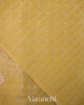 Mustard Yellow Floral Scallop Embroidered Pure Kora Silk Saree