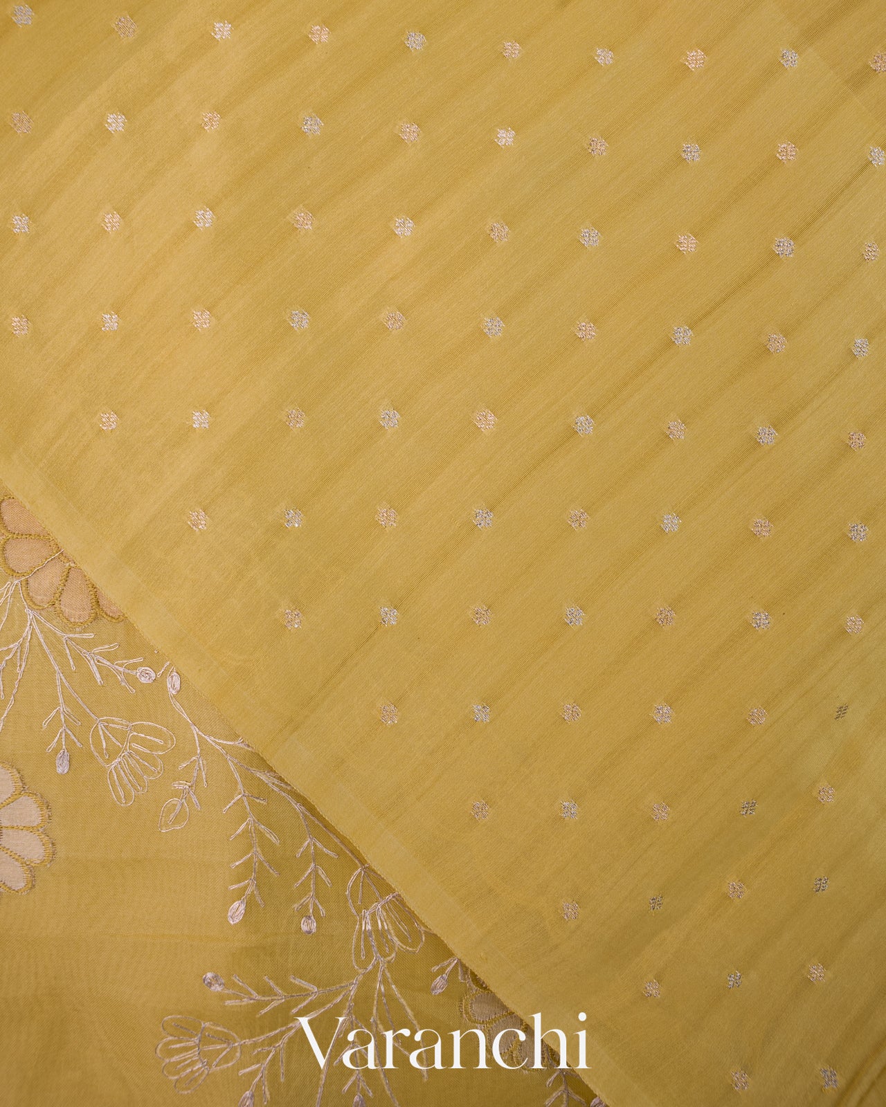 Mustard Yellow Floral Scallop Embroidered Pure Kora Silk Saree