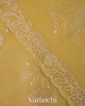 Mustard Yellow Floral Scallop Embroidered Pure Kora Silk Saree