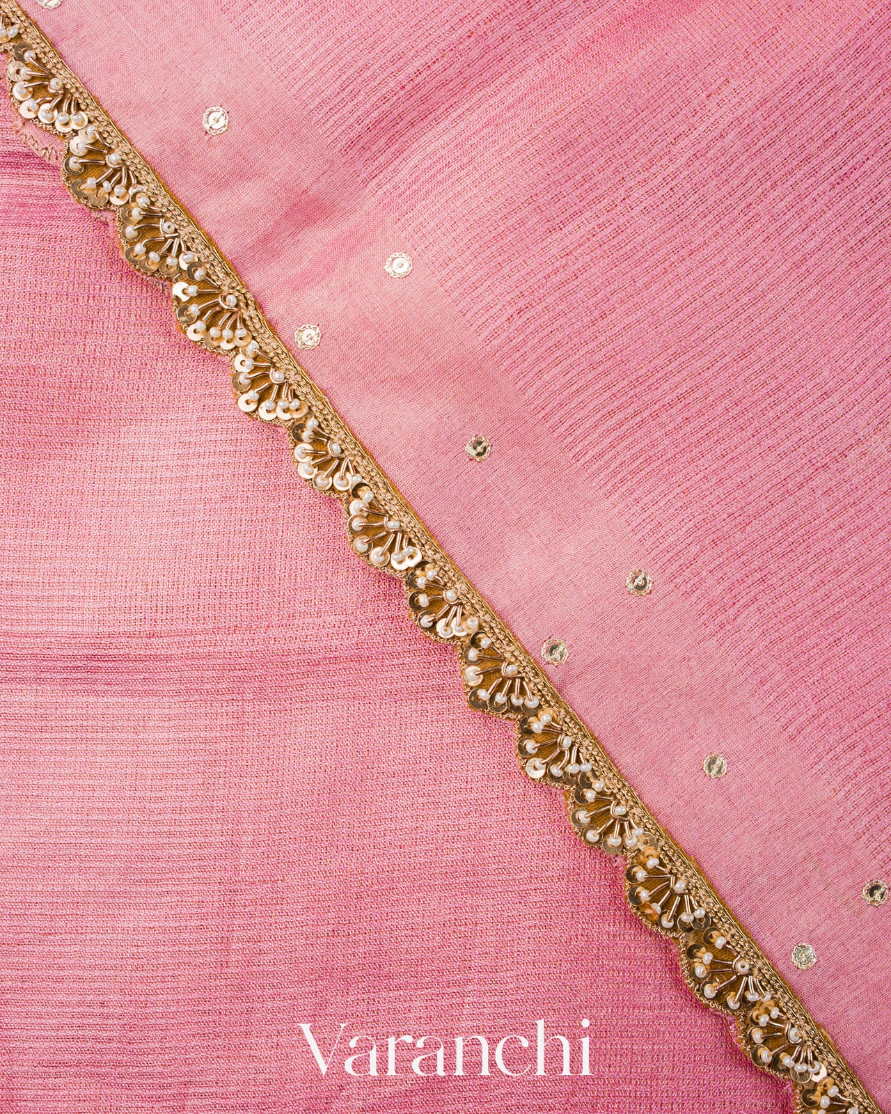 Rose Pink Bead Embroidered Border Pure Tussar Silk Handloom Saree