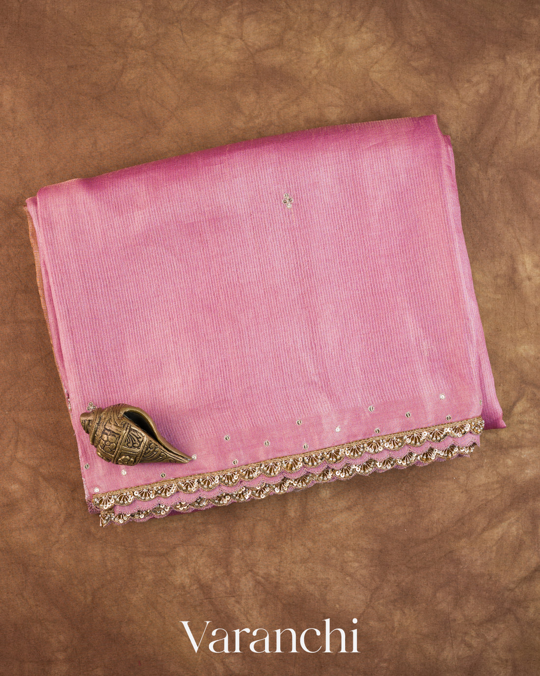 Rose Pink Bead Embroidered Border Pure Tussar Silk Handloom Saree