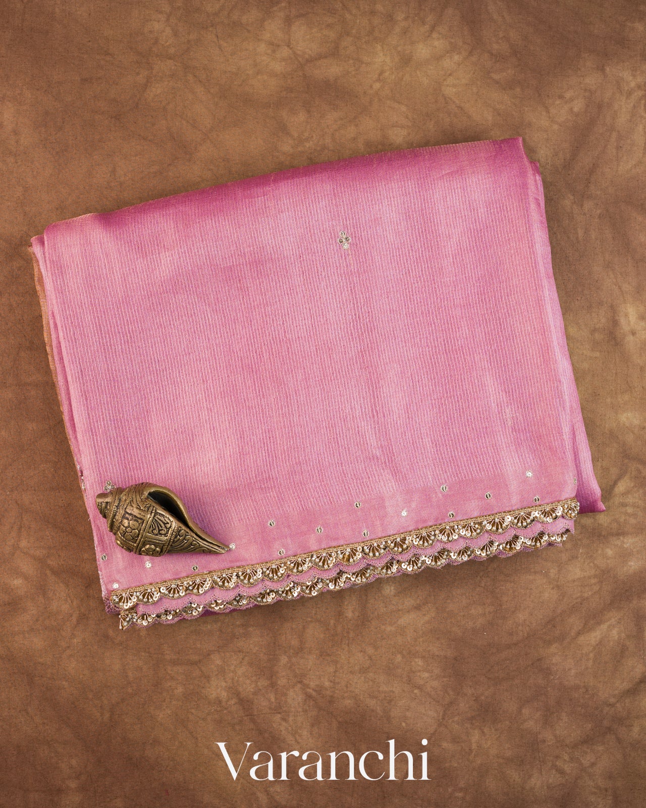 Rose Pink Bead Embroidered Border Pure Tussar Silk Handloom Saree