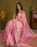 Rose Pink Bead Embroidered Border Pure Tussar Silk Handloom Saree