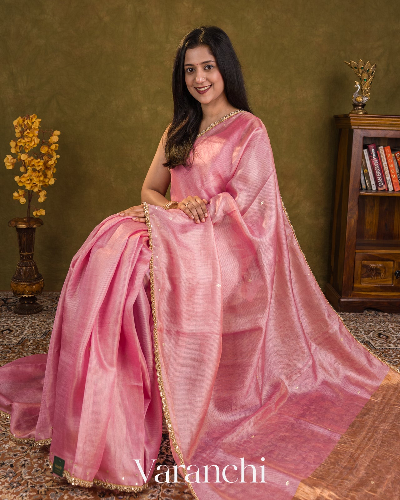 Rose Pink Bead Embroidered Border Pure Tussar Silk Handloom Saree
