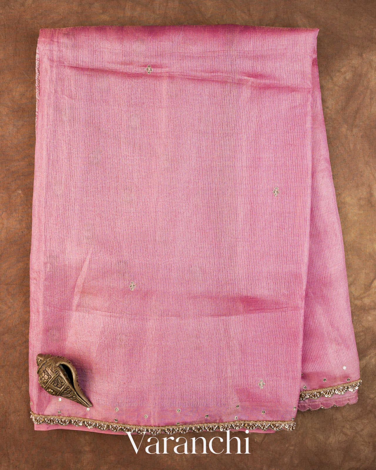 Rose Pink Bead Embroidered Border Pure Tussar Silk Handloom Saree