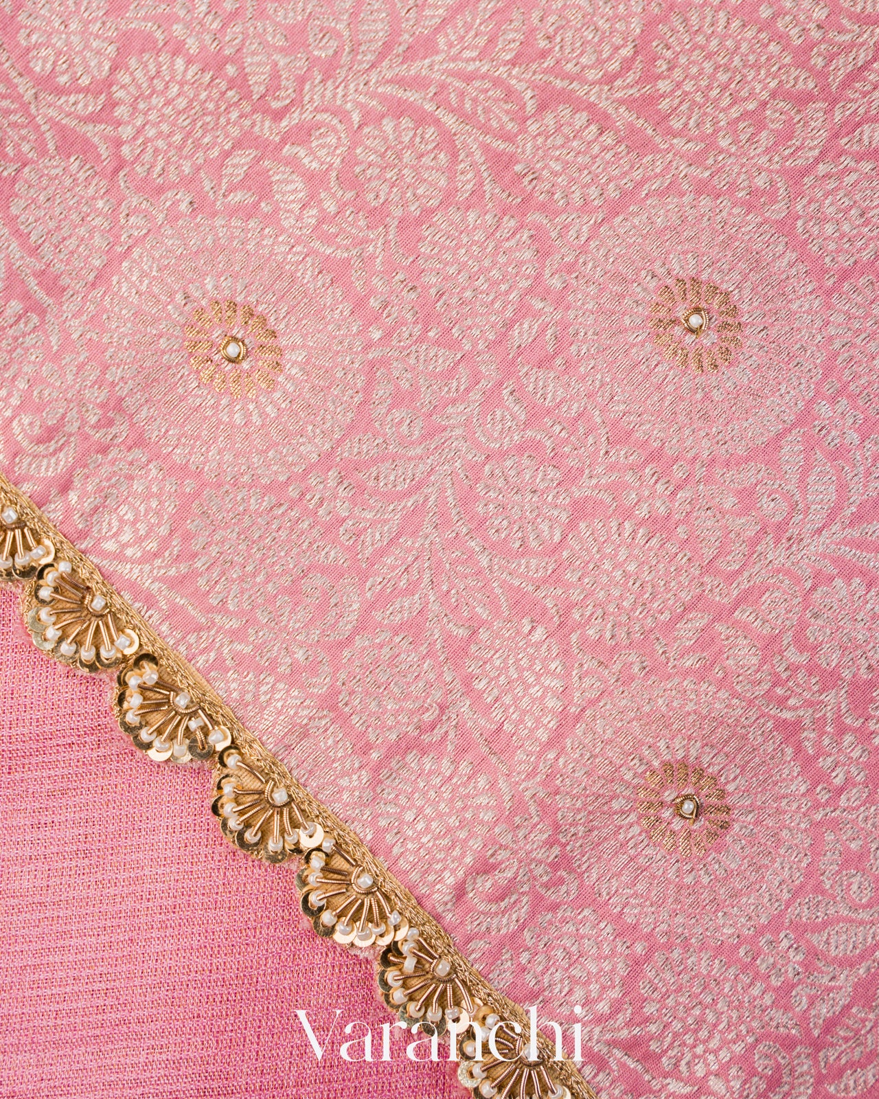 Rose Pink Bead Embroidered Border Pure Tussar Silk Handloom Saree
