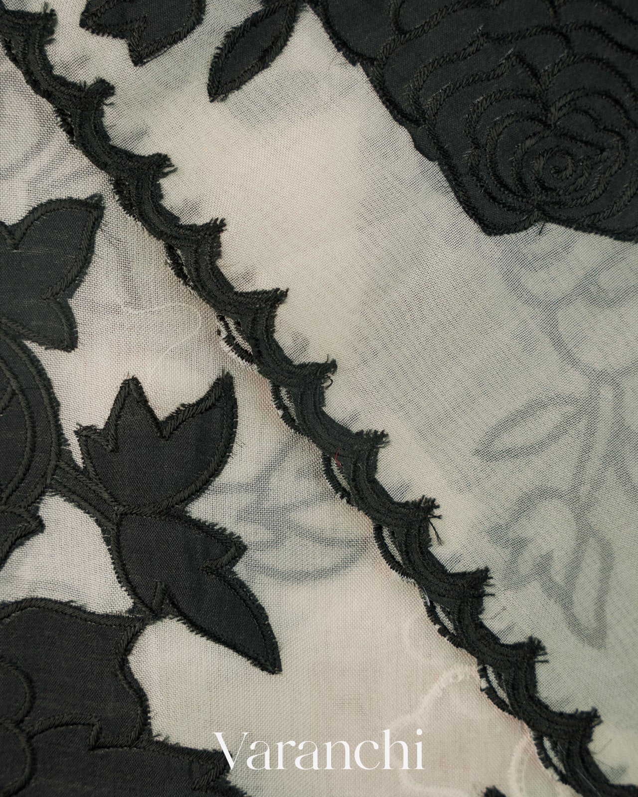 Off White Floral Applique Pure Kora Silk Saree