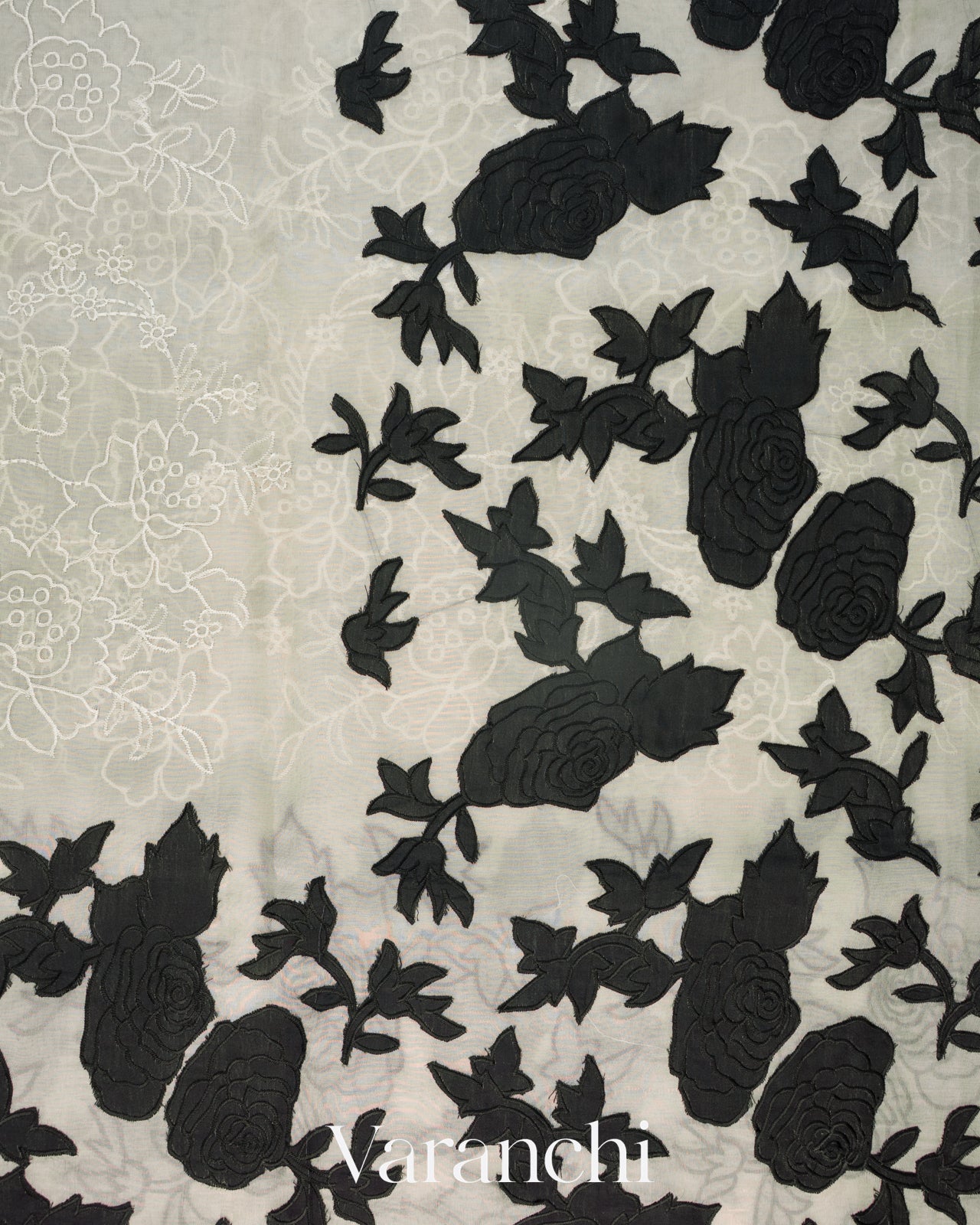 Off White Floral Applique Pure Kora Silk Saree