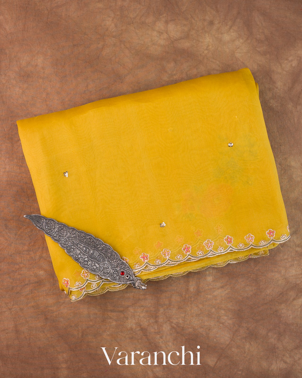 Mustard Yellow Scallop Embroidered Border Pure Kora Silk Saree