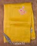 Mustard Yellow Scallop Embroidered Border Pure Kora Silk Saree
