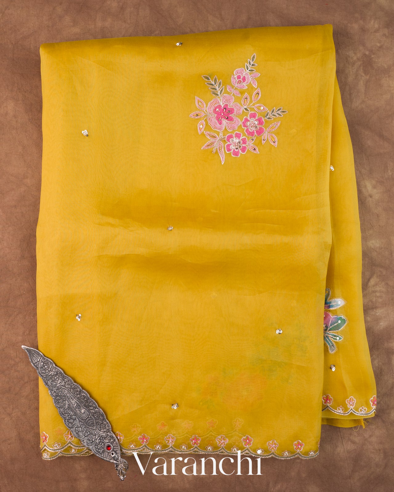 Mustard Yellow Scallop Embroidered Border Pure Kora Silk Saree