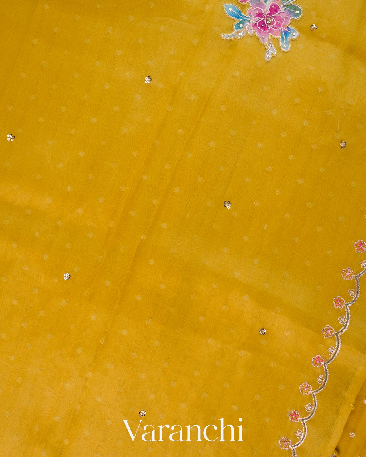 Mustard Yellow Scallop Embroidered Border Pure Kora Silk Saree