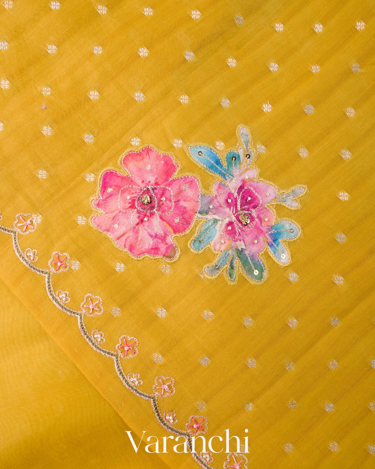 Mustard Yellow Scallop Embroidered Border Pure Kora Silk Saree