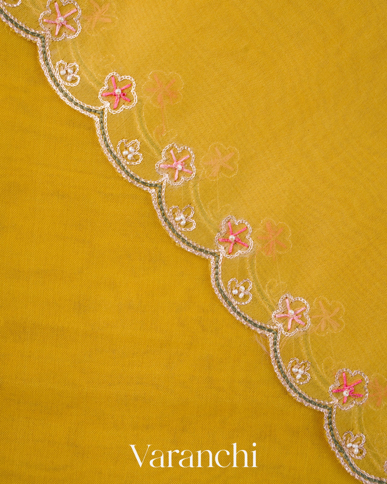 Mustard Yellow Scallop Embroidered Border Pure Kora Silk Saree