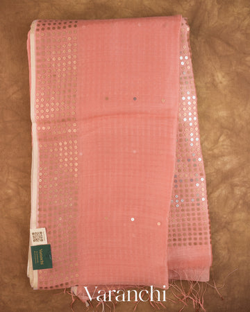 Peach with Sequin Embroidery Pure Muslin Silk Handloom Saree