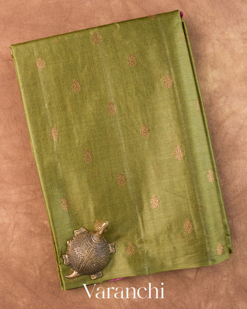 Olive Green Borderless Pure Tussar Silk Saree