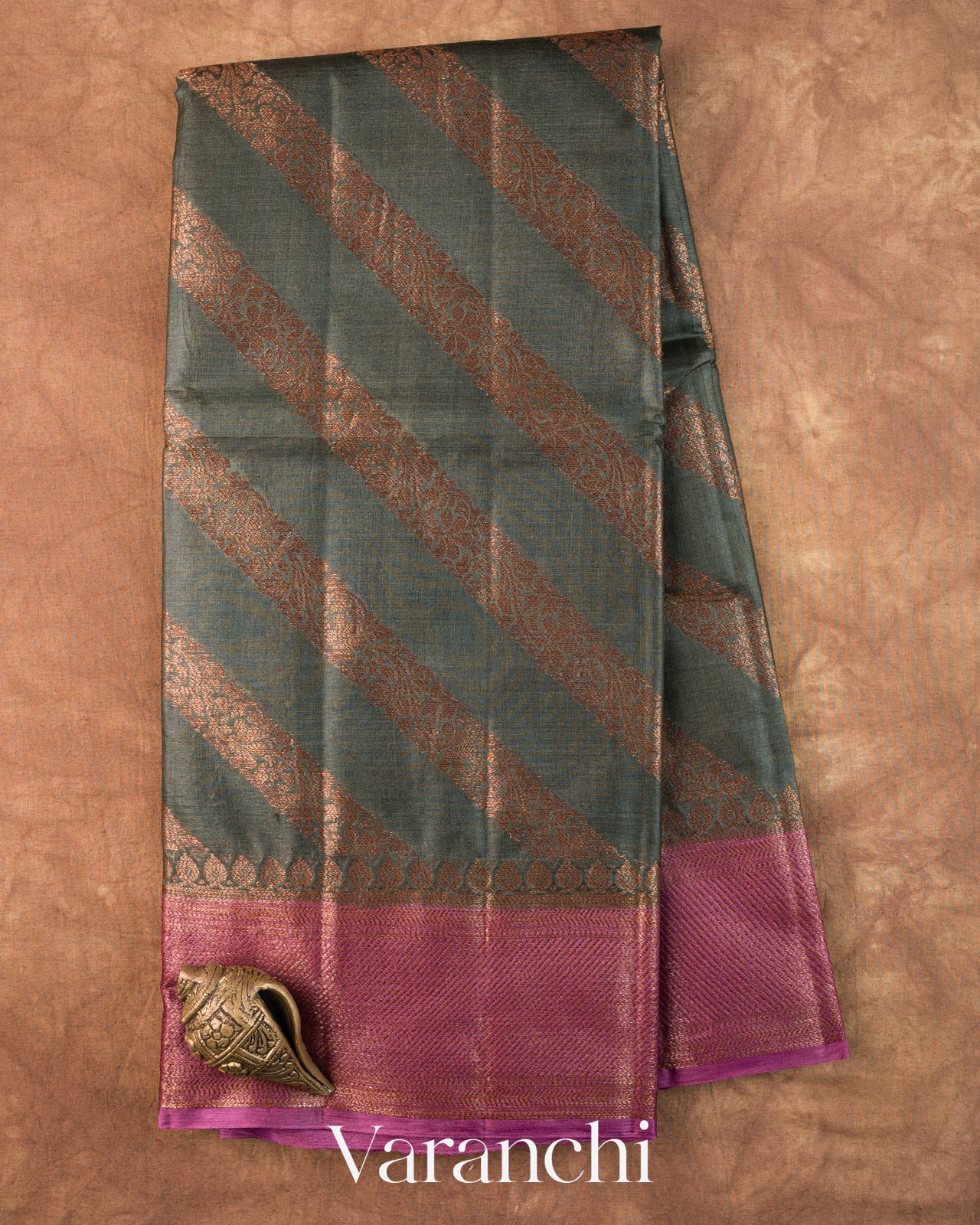 Charcoal Grey Lehariya Pure Tussar Silk Saree