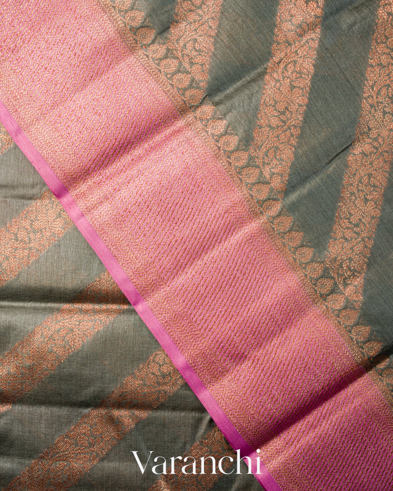 Charcoal Grey Lehariya Pure Tussar Silk Saree