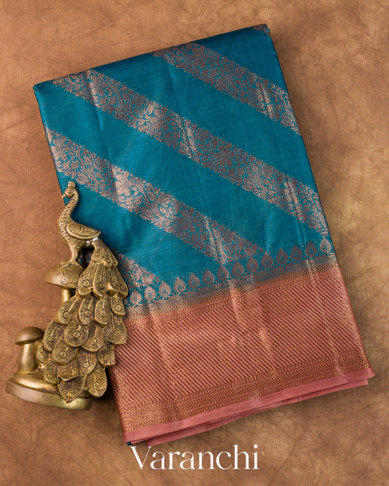 Peacock Teal Lehariya Pure Tussar Silk Saree