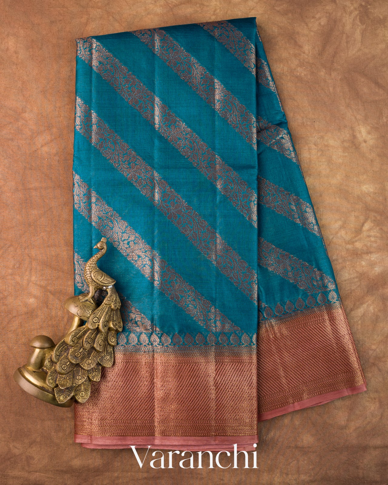 Peacock Teal Lehariya Pure Tussar Silk Saree