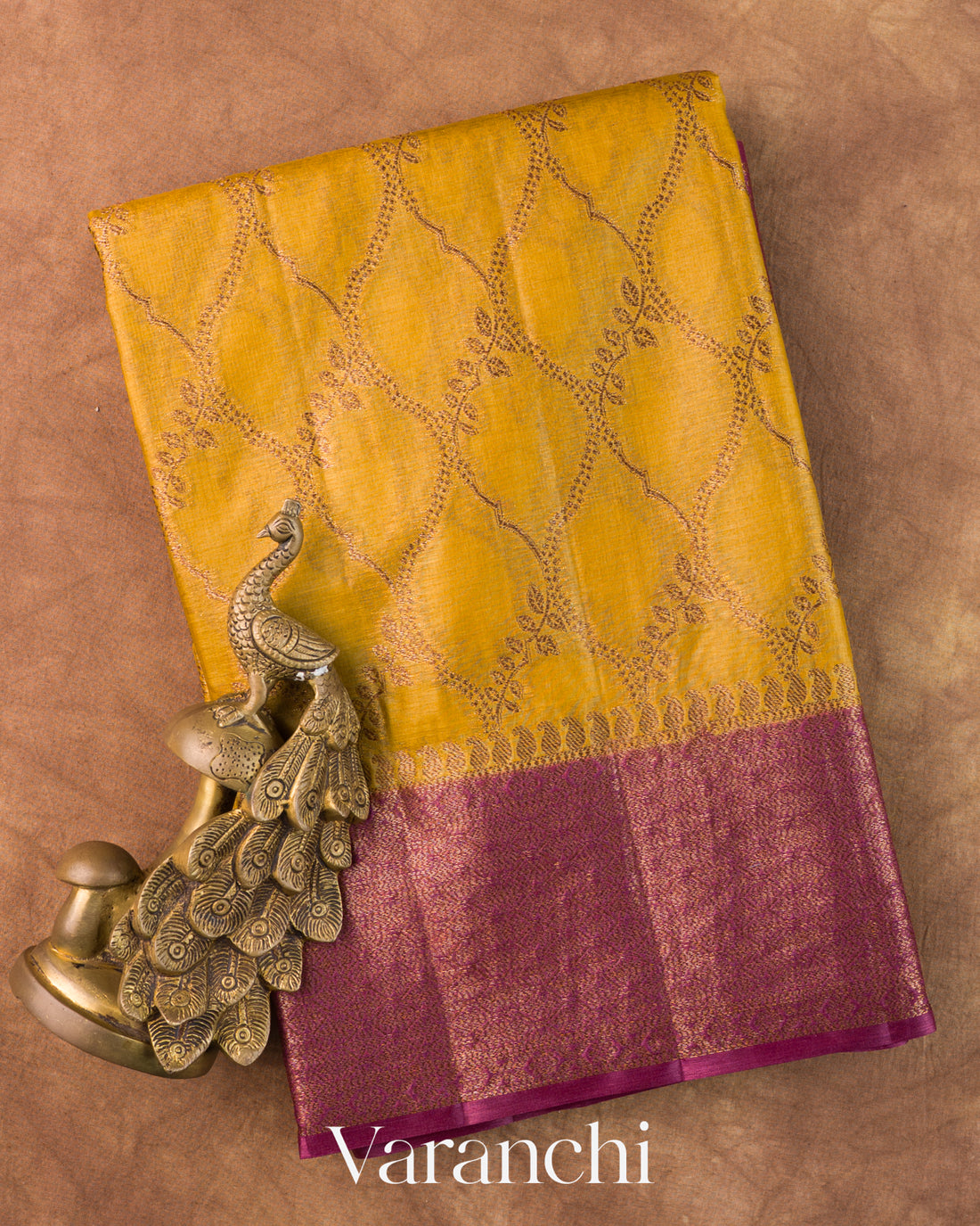 Mustard Yellow Floral Jaal Pure Tussar Silk Saree