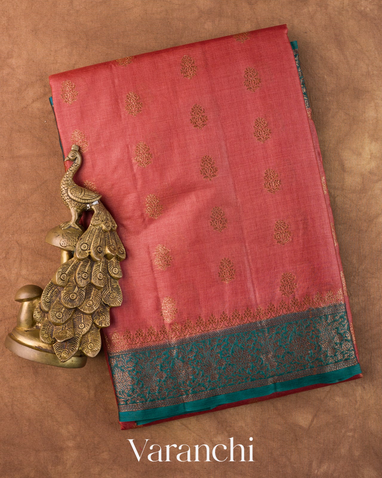 Coral Pink Pure Tussar Silk Saree