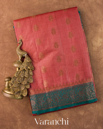 Coral Pink Pure Tussar Silk Saree